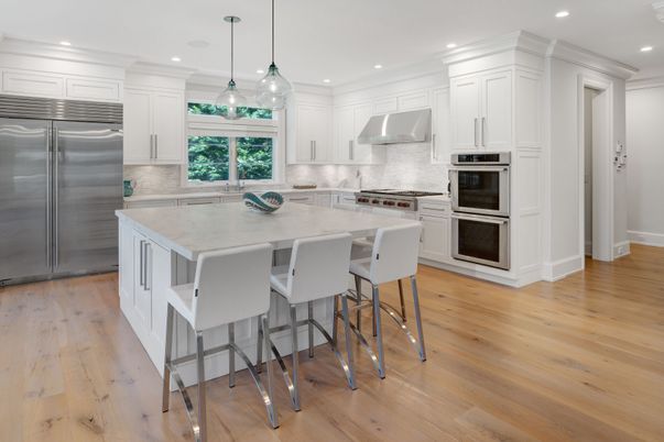Interior, Kitchen, Pendant Lights, Recessed Lighting, Stainless Steel Appliances, Wood Texture Flooring