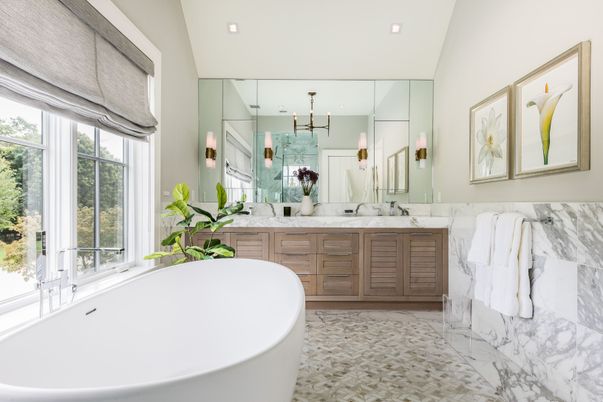 Bathroom, Dual Sink Vanities, Free Standing Baths, Interior, Marble, Pendant Lights, Recessed Lighting