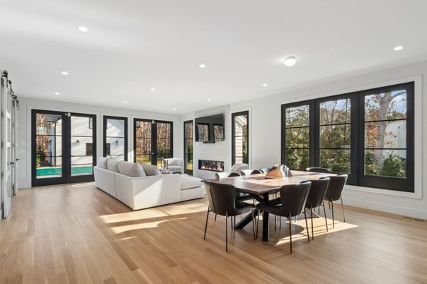 Dining room, Fireplace, Interior, Living room, Recessed Lighting, Wood Texture Flooring
