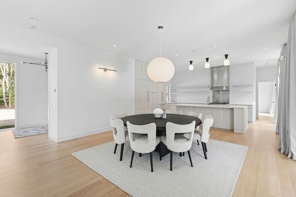 Dining room, Interior, Kitchen, Pendant Lights, Recessed Lighting, Stainless Steel Appliances, Wood Texture Flooring