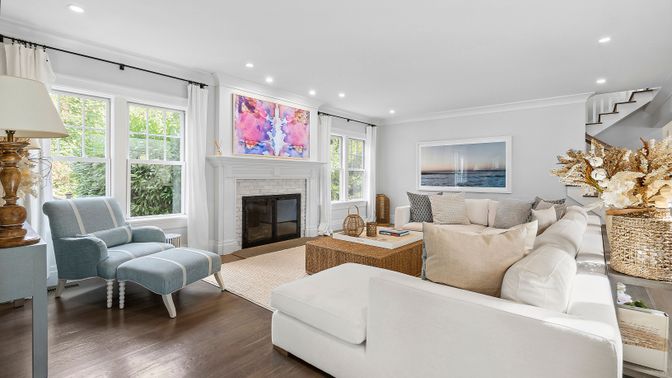 Fireplace, Interior, Living room, Recessed Lighting, Wood Texture Flooring