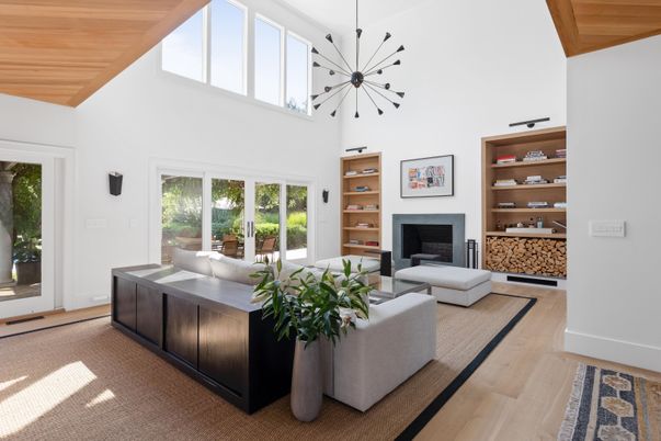 Fireplace, Interior, Living room, Pendant Lights, Wooden Ceilings, Wood Texture Flooring