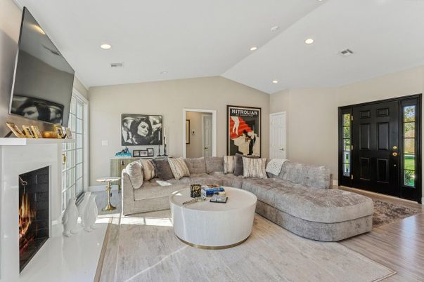 Fireplace, Interior, Living room, Recessed Lighting, Wood Texture Flooring