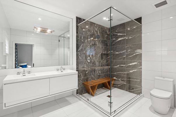 Bathroom, Dual Sink Vanities, Glass Shower, Interior, Recessed Lighting