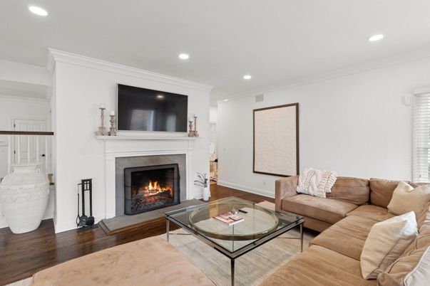 Fireplace, Interior, Living room, Recessed Lighting, Wood Texture Flooring
