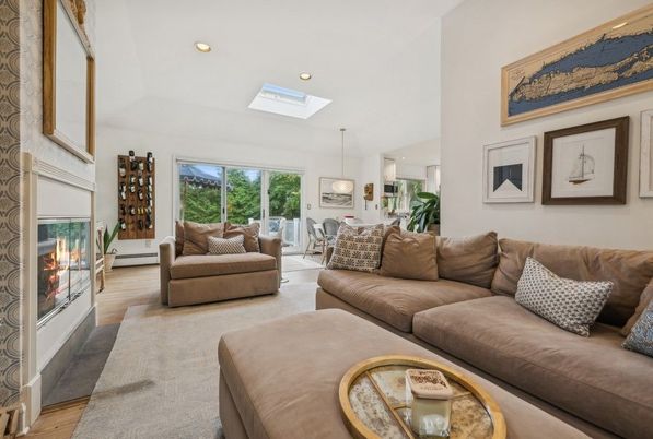 Dining room, Fireplace, Interior, Living room, Pendant Lights, Recessed Lighting, Wood Texture Flooring