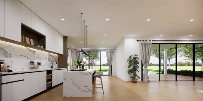 Interior, Kitchen, Marble Walls, Pendant Lights, Recessed Lighting, Wood Texture Flooring