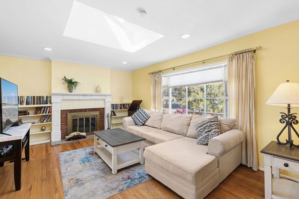 Fireplace, Interior, Living room, Recessed Lighting, Wood Texture Flooring