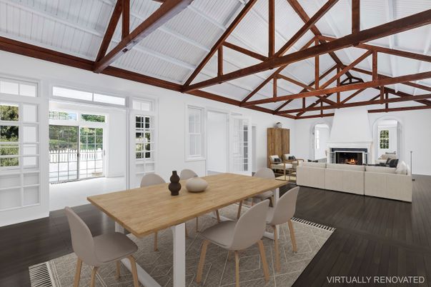 Dining room, Fireplace, Interior, Living room, Wooden Beams, Wood Texture Flooring