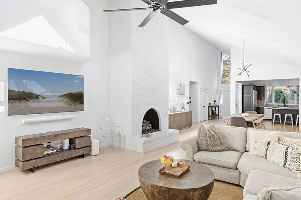 Dining room, Fireplace, Interior, Living room, Pendant Lights, Stone Walls, Wood Texture Flooring