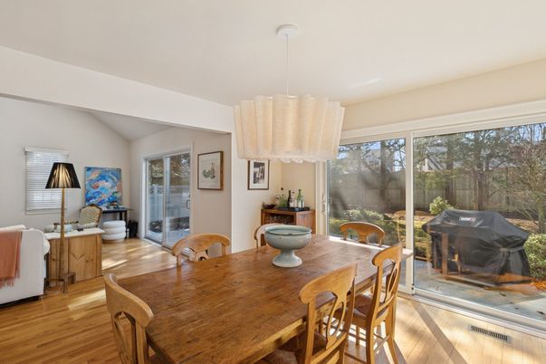 Dining room, Interior, Pendant Lights, Wood Texture Flooring