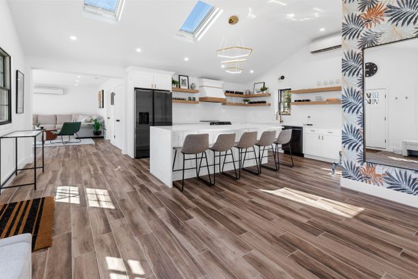 Interior, Kitchen, Pendant Lights, Recessed Lighting, Wood Texture Flooring