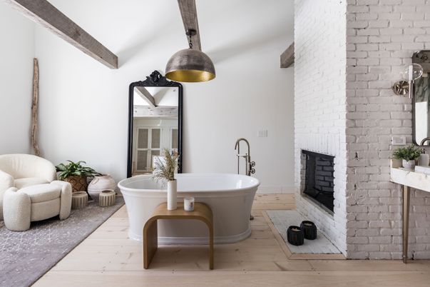 Bathroom, Fireplace, Free Standing Baths, Interior, Pendant Lights, Stone Walls, Wooden Beams, Wood Texture Flooring