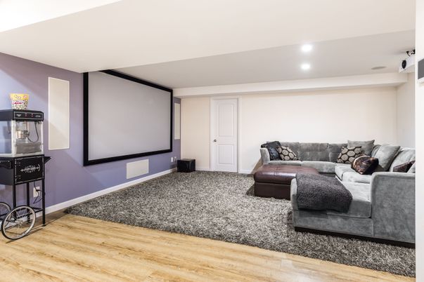 Interior, Projection Screen, Recessed Lighting, Wood Texture Flooring