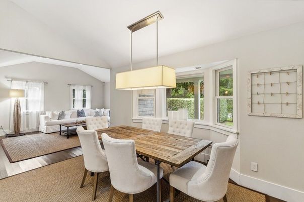 Dining room, Interior, Living room, Pendant Lights, Wood Texture Flooring