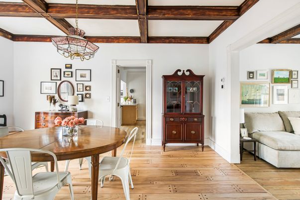 Chandelier, Dining room, Interior, Pendant Lights, Wooden Beams, Wood Texture Flooring