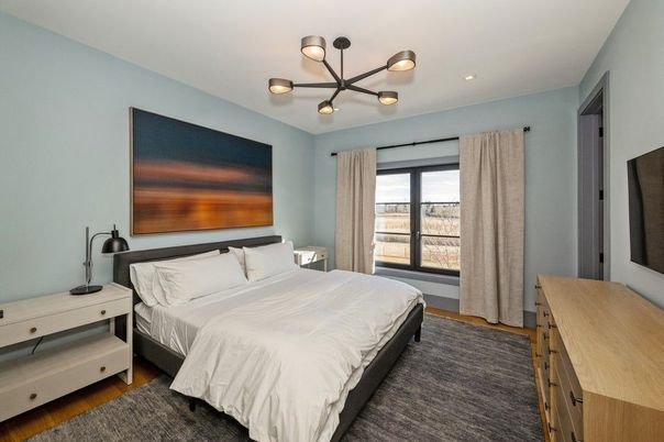 Bedroom, Interior, Pendant Lights, Recessed Lighting, Wood Texture Flooring