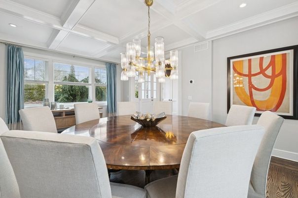 Chandelier, Dining room, Interior, Recessed Lighting, Wood Texture Flooring