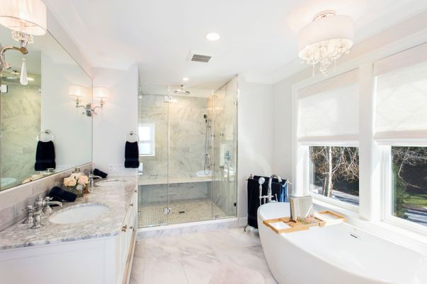 Bathroom, Dual Sink Vanities, Free Standing Baths, Glass Shower, Interior, Marble, Marble Walls, Recessed Lighting