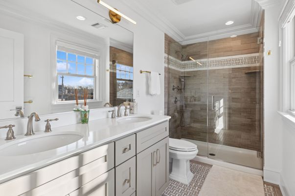 Bathroom, Dual Sink Vanities, Glass Shower, Interior, Recessed Lighting
