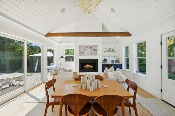 Dining room, Fireplace, Interior, Living room, Wooden Beams, Wood Texture Flooring