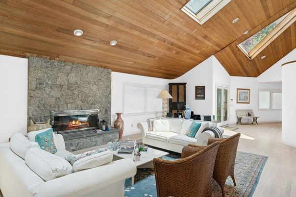 Fireplace, Interior, Living room, Recessed Lighting, Stone Walls, Wooden Ceilings, Wood Texture Flooring