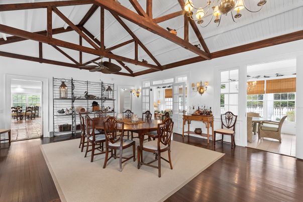 Chandelier, Dining room, Interior, Wooden Beams, Wood Texture Flooring