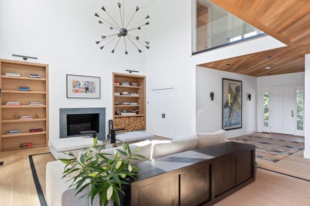 Fireplace, Interior, Living room, Pendant Lights, Recessed Lighting, Wooden Ceilings, Wood Texture Flooring