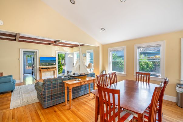 Dining room, Interior, Recessed Lighting, Wooden Beams, Wood Texture Flooring