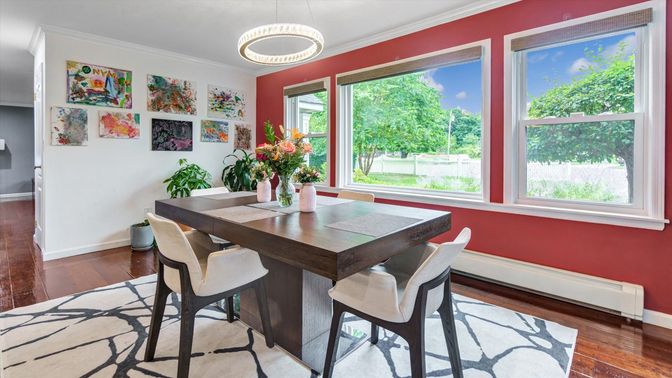 Dining room, Interior, Pendant Lights, Wood Texture Flooring