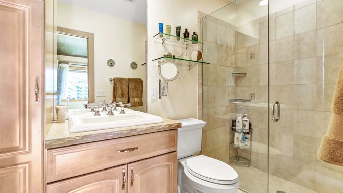 Bathroom, Glass Shower, Interior, Recessed Lighting