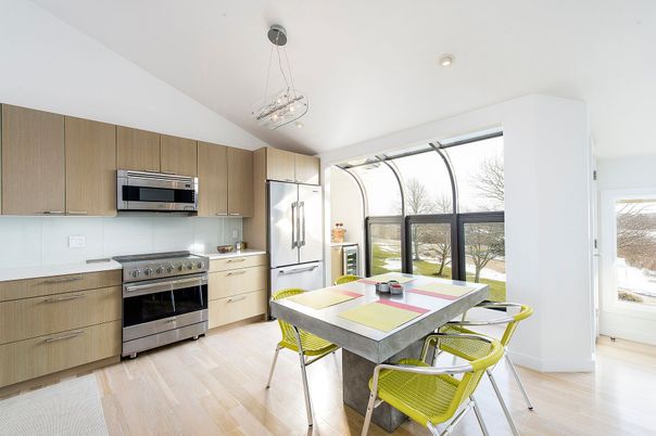Dining room, Interior, Kitchen, Pendant Lights, Recessed Lighting, Stainless Steel Appliances, Wood Texture Flooring