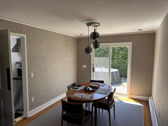Dining room, Interior, Pendant Lights, Wood Texture Flooring