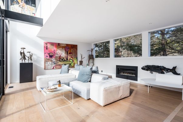 Fireplace, Interior, Living room, Recessed Lighting, Wood Texture Flooring