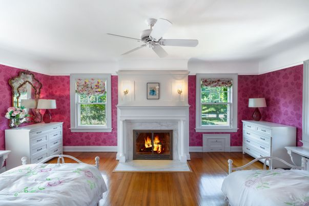 Bedroom, Fireplace, Interior, Wood Texture Flooring