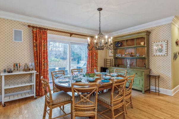 Chandelier, Dining room, Interior, Wood Texture Flooring