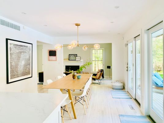 Dining room, Fireplace, Interior, Pendant Lights, Recessed Lighting, Wood Texture Flooring