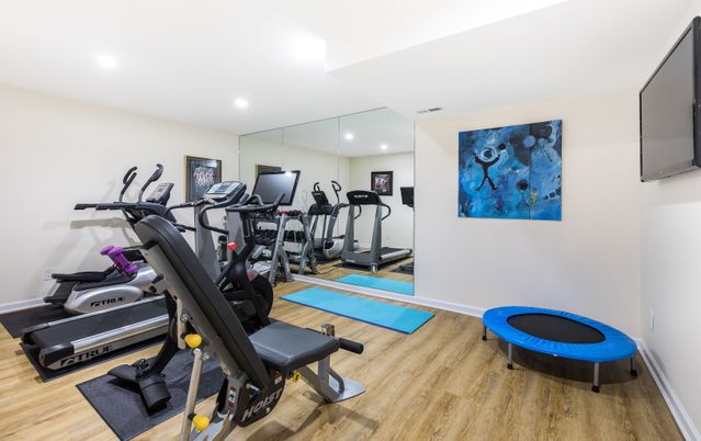 Fitness Equipment, Gym, Interior, Recessed Lighting, Wood Texture Flooring