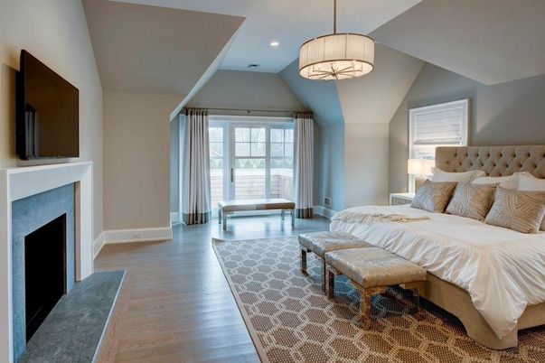 Bedroom, Fireplace, Interior, Pendant Lights, Recessed Lighting, Wood Texture Flooring