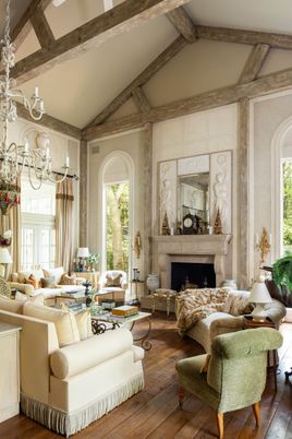Chandelier, Fireplace, Interior, Living room, Wooden Beams, Wood Texture Flooring