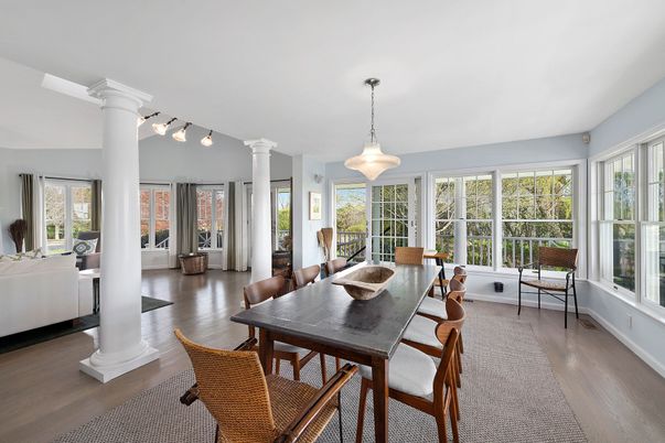Dining room, Interior, Pendant Lights, Wood Texture Flooring