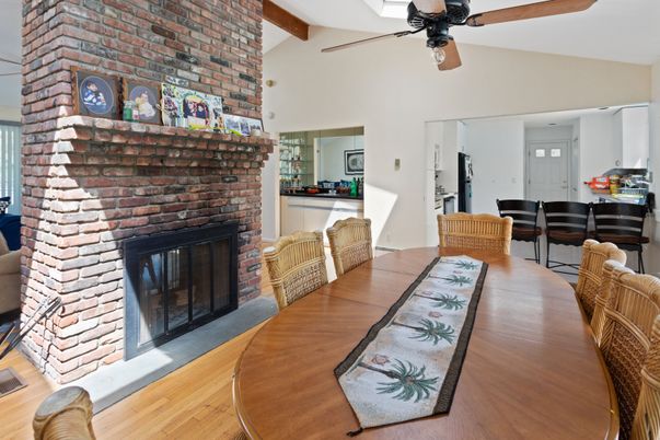 Dining room, Fireplace, Interior, Stone Walls, Wooden Beams, Wood Texture Flooring