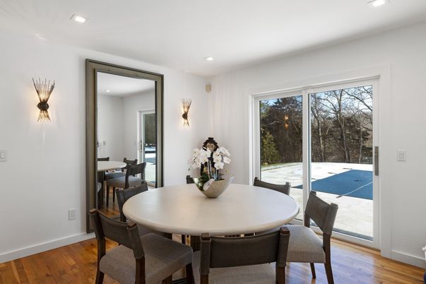 Dining room, Interior, Recessed Lighting, Wood Texture Flooring
