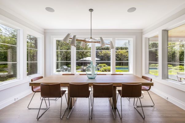 Dining room, Interior, Pendant Lights, Wood Texture Flooring