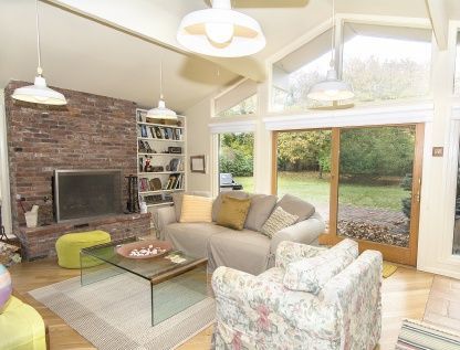 Fireplace, Interior, Living room, Pendant Lights, Stone Walls, Wood Texture Flooring