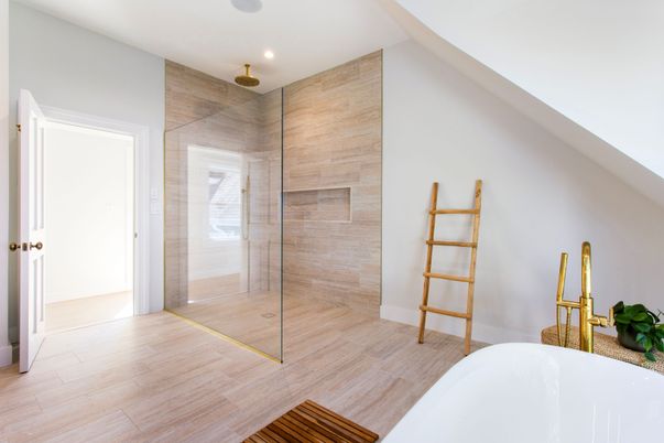 Bathroom, Glass Shower, Interior, Recessed Lighting, Wood Texture Flooring