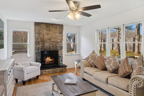 Fireplace, Interior, Living room, Stone Walls, Wood Texture Flooring