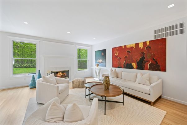 Fireplace, Interior, Living room, Recessed Lighting, Wood Texture Flooring