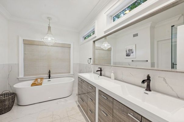 Bathroom, Dual Sink Vanities, Free Standing Baths, Interior, Marble, Pendant Lights