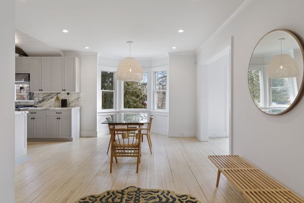 Interior, Kitchen, Marble Walls, Recessed Lighting, Wood Texture Flooring